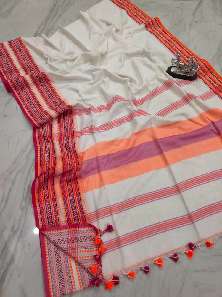 Soulful White Manipuri Pattern Pure Cotton Handloom Saree