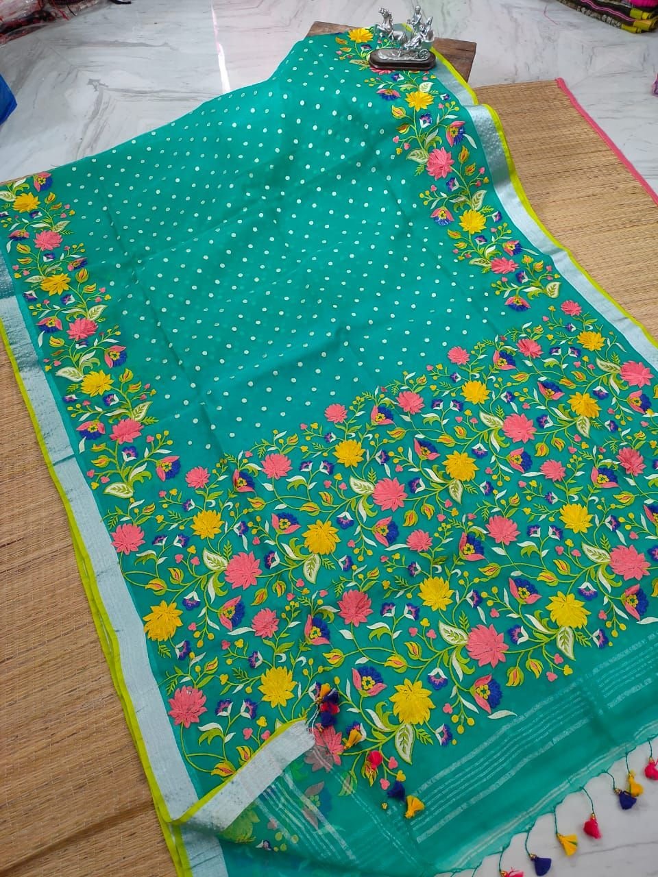 Floral Paisley Resham Embroidery Saree with Crystal Embellished Scalloped Border