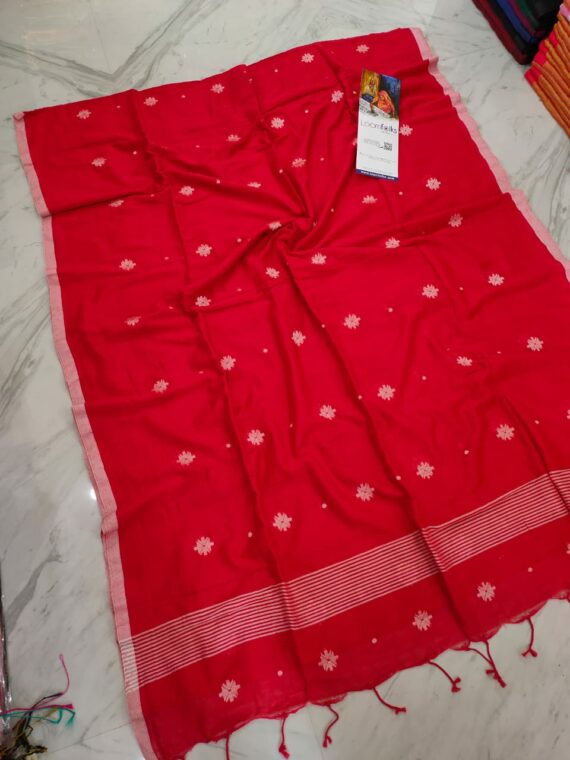 Vibrant Red Pure Cotton Star Butti Saree With Thin Borders