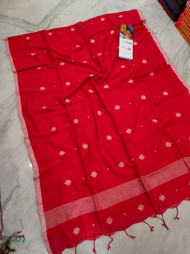 Vibrant Red Pure Cotton Star Butti Saree With Thin Borders