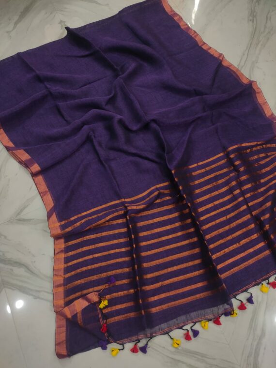 Warm Voilet Plain Linen With Stripped Pallu Contrast Thin Borders