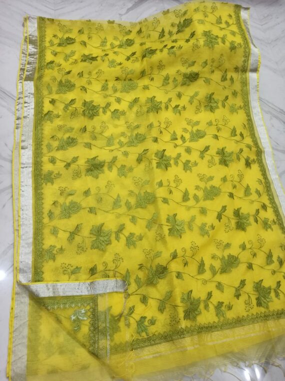 Adorable Yellow Green Floral Embroidery Pure Resham Muslin Silk Saree