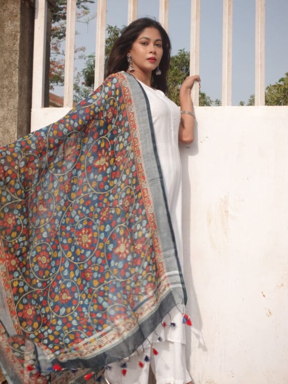 Cosmic Blue Garden Floral Leaf Design Digital Print Linen Dupatta1