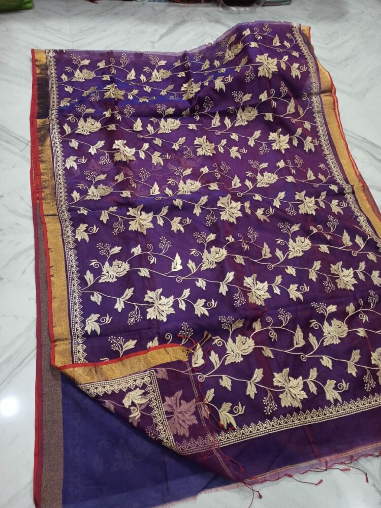 Dazzling Dark Purple Golden Floral Embroidery Pure Resham Muslin Silk Saree