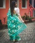 Elegant Teal Blue Floral Embroidery Pure Resham Muslin Silk Saree 2