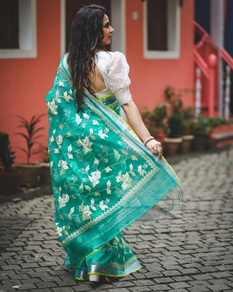 Elegant Teal Blue Floral Embroidery Pure Resham Muslin Silk Saree 2