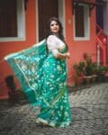 Elegant Teal Blue Floral Embroidery Pure Resham Muslin Silk Saree 4