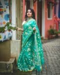 Elegant Teal Blue Floral Embroidery Pure Resham Muslin Silk Saree 5