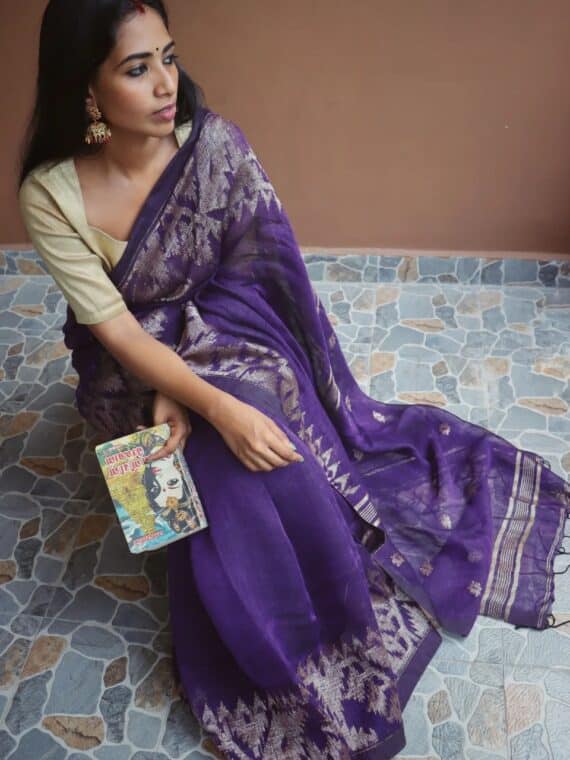 Awesome Deep Violet Dhakai Jamdani Weave Handloom Linen Saree