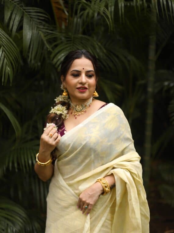 Mesmerizing Onam Special OffWhite Cotton Saree with Floral Zari Weave5 Mesmerizing Onam Special OffWhite Cotton Saree with Floral Zari Weave5