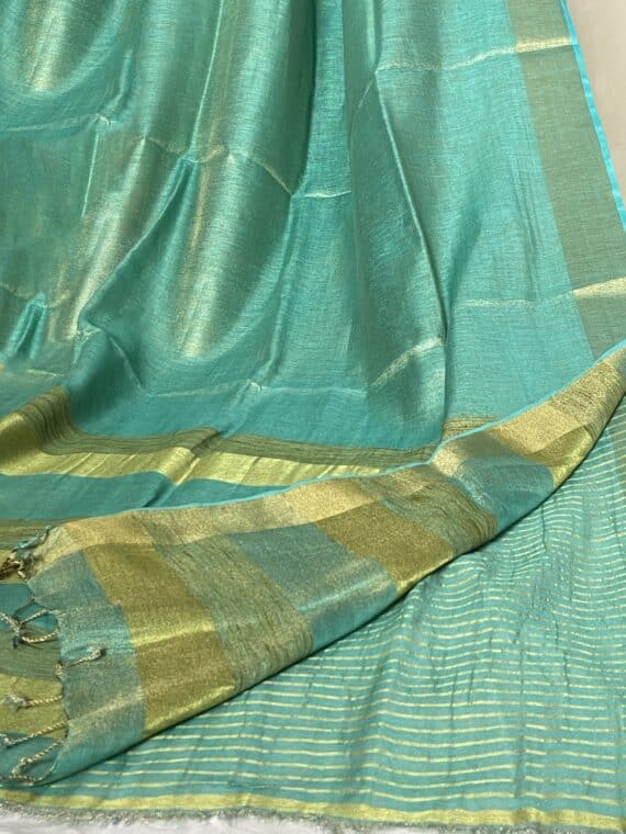 Sparkling Golden Blue Blend Tissue Linen Saree With Stripe Zari Blouse