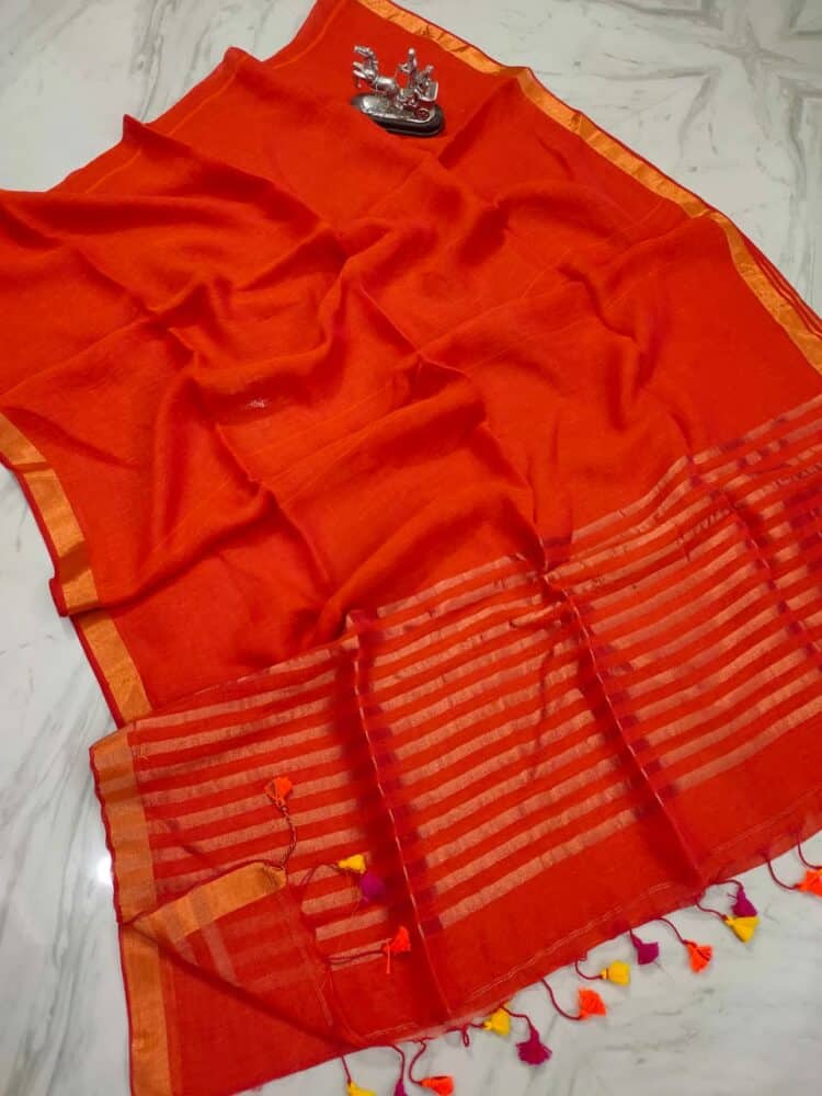 Ascending Orange Aura Plain Linen With Stripped Pallu Contrast Thin Borders