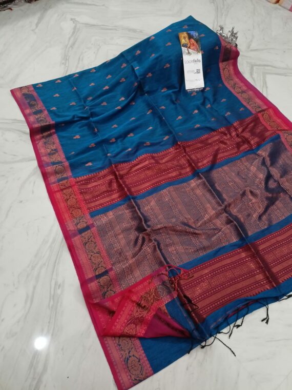 Awesome Blue Banarsai Pattern Linen Saree For Festive Occassion