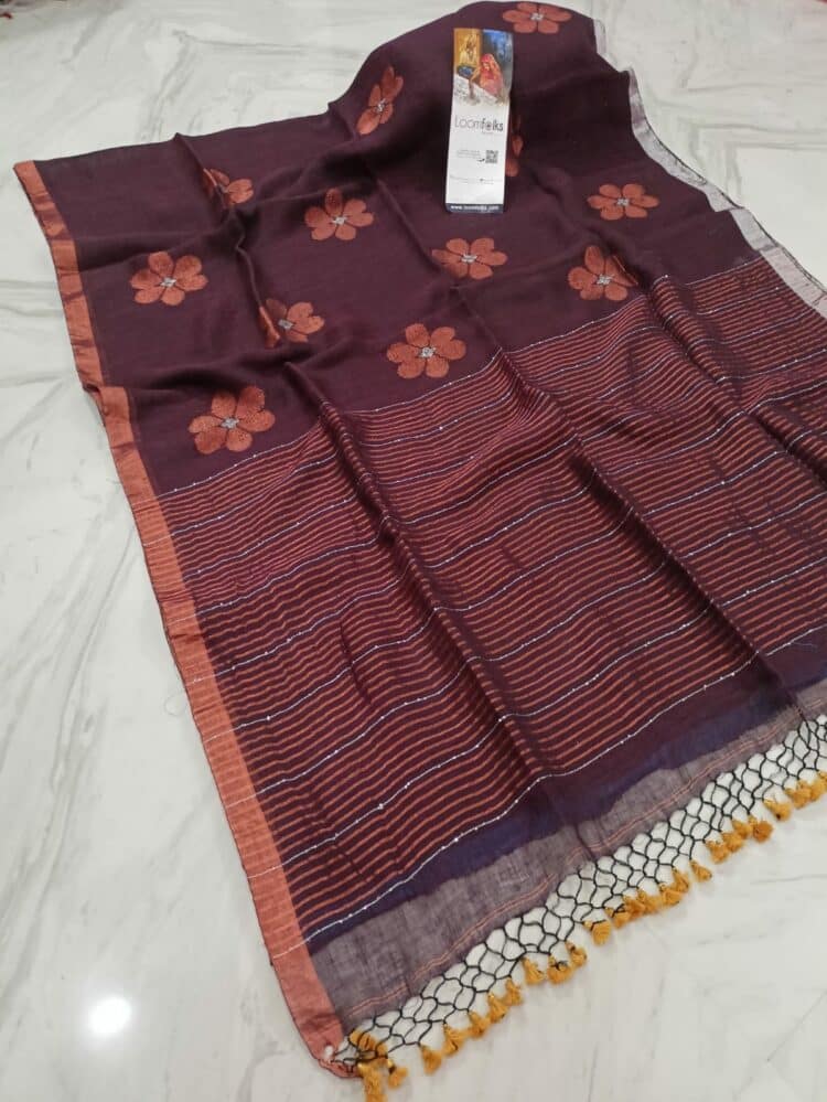 Awesome Dark Brown Floral Design Sequins Handwoven Linen Saree