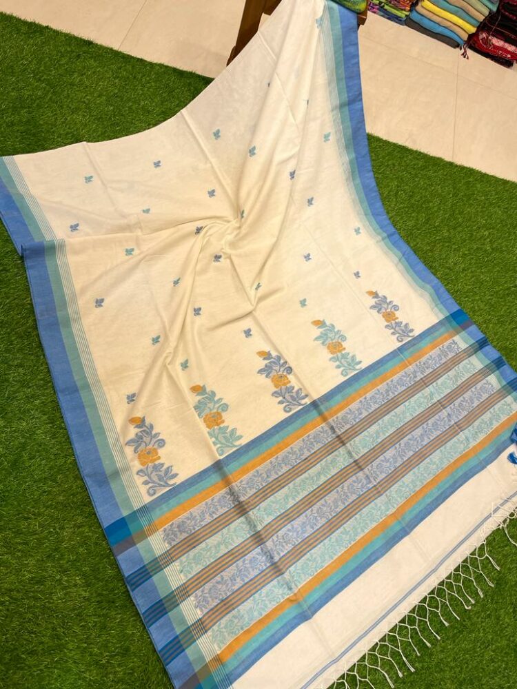 Awesome White With Blue Pure Cotton Floral Butti Design Handwoven Saree