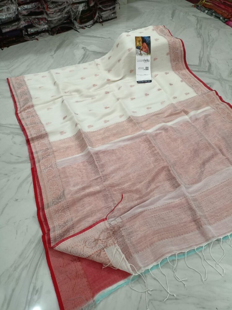 Calming White Banarsai Pattern Linen Saree For Festive Occassion