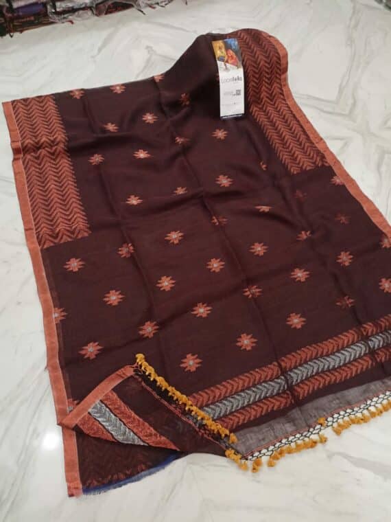 Charismatic Brown Linen Saree With Thin Copper Border And Lovely Tassels