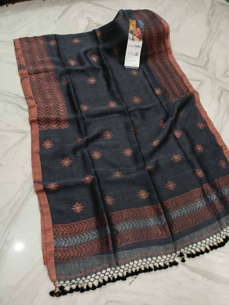 Enchanting Grey Linen Saree With Thin Copper Border And Lovely Tassels