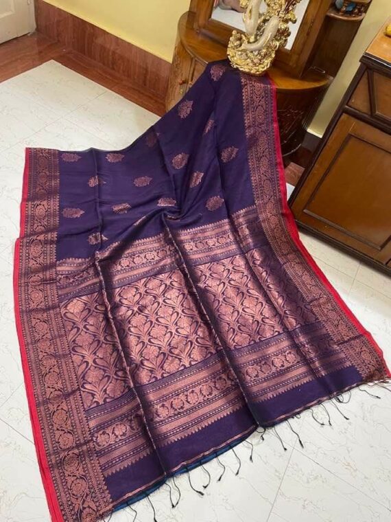 Enticing Dark Violet Purple Banarasi Inspired Handwoven Linen Saree