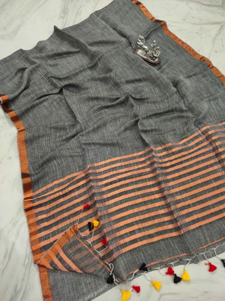 Formal Office Wear Dark Grey Plain Linen With Stripped Pallu Contrast Thin Borders