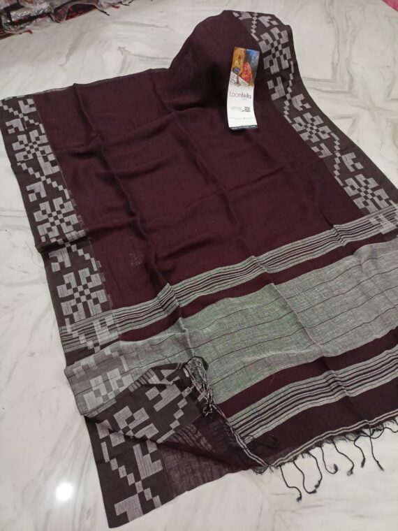 Gentle Elegant Maroon Geometric Border Weave Linen Saree With Contrast Pallu