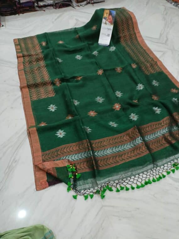 Glorious Green Linen Saree With Thin Copper Border And Lovely Tassels