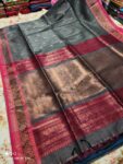 Glorious Grey Banarsai Pattern Linen Saree For Festive Occassion2