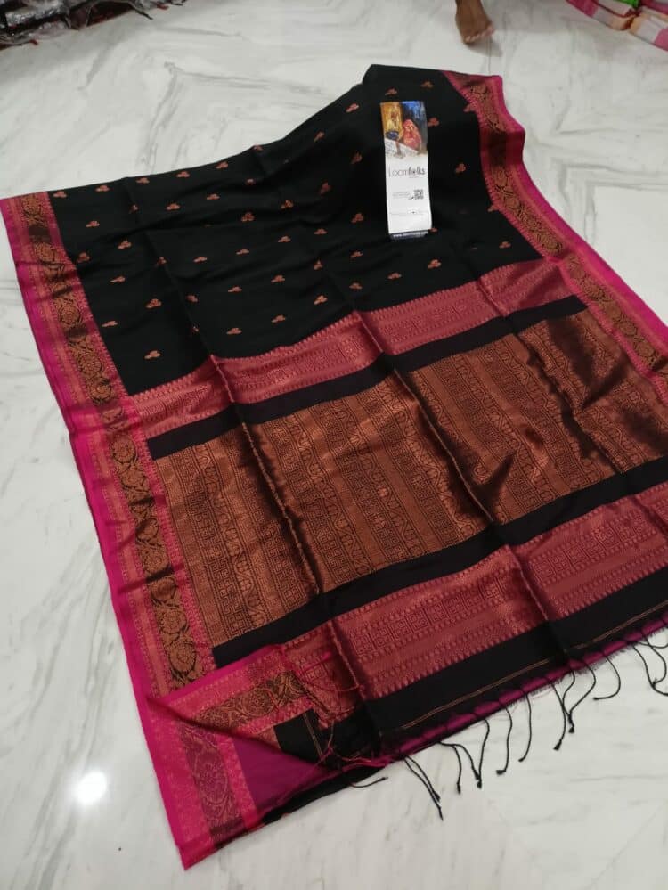 Gorgeous Black Banarsai Pattern Linen Saree For Festive Occassion