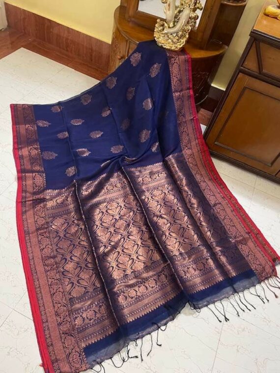 Grand Royal Blue Banarasi Inspired Handwoven Linen Saree