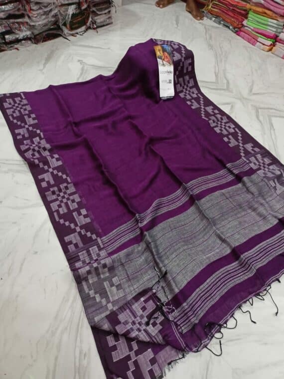 Healing Purple Geometric Border Weave Linen Saree With Contrast Pallu