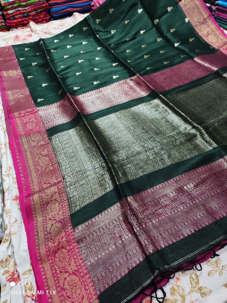 Impressive Dark Green Banarsai Pattern Linen Saree For Festive Occassion