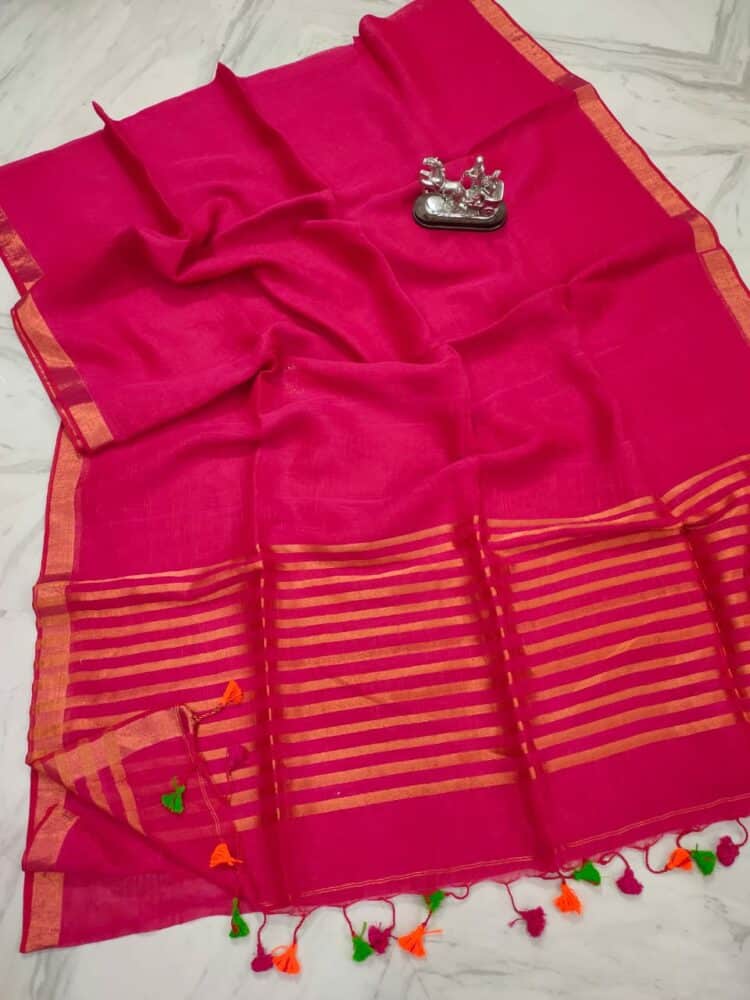 Magnificent Dark Pink Plain Linen With Stripped Pallu Contrast Thin Borders