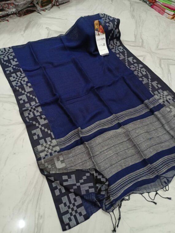 Majestic Dark Blue Geometric Border Weave Linen Saree With Contrast Pallu