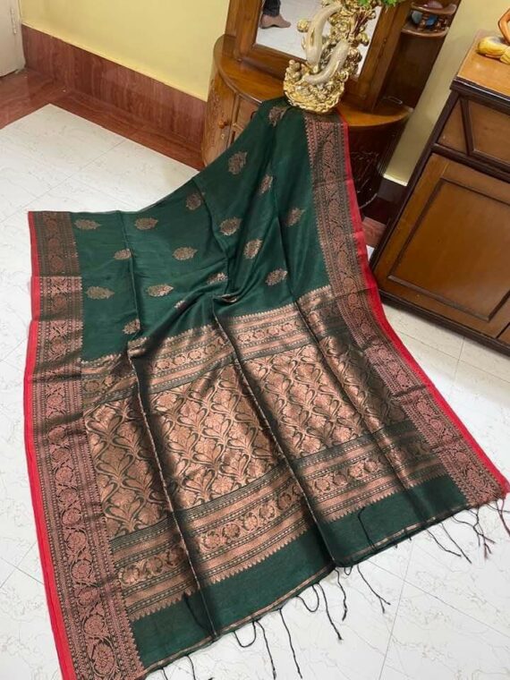 Majestic Green Banarasi Inspired Handwoven Linen Saree