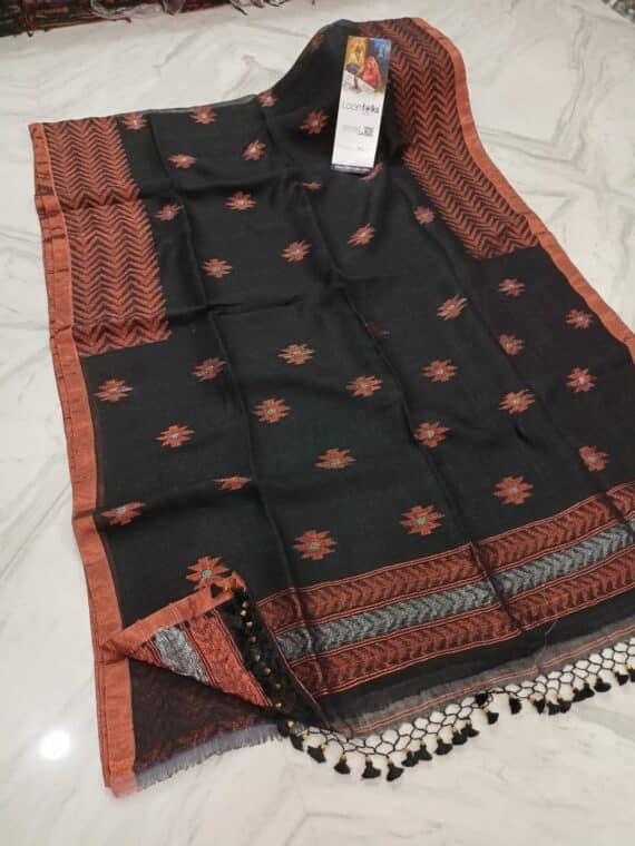 Mesmerizing Black Linen Saree With Thin Copper Border And Lovely Tassels