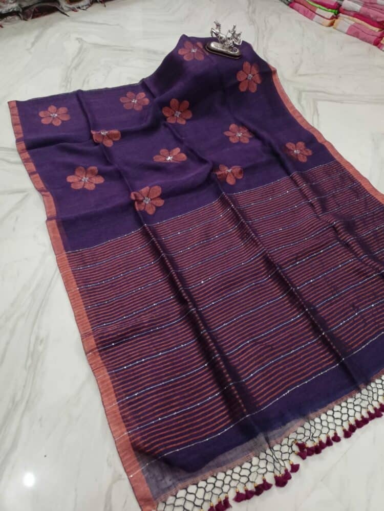 Pleasing Glorious Purple Floral Design Sequins Handwoven Linen Saree