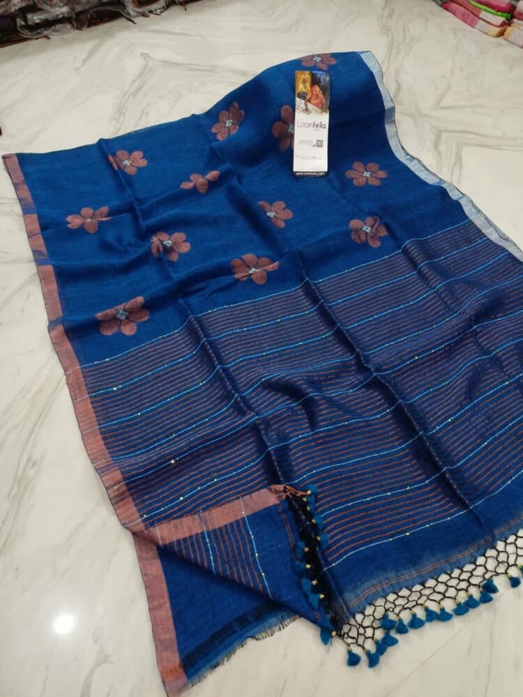 Rich Royal Blue Floral Design Sequins Handwoven Linen Saree