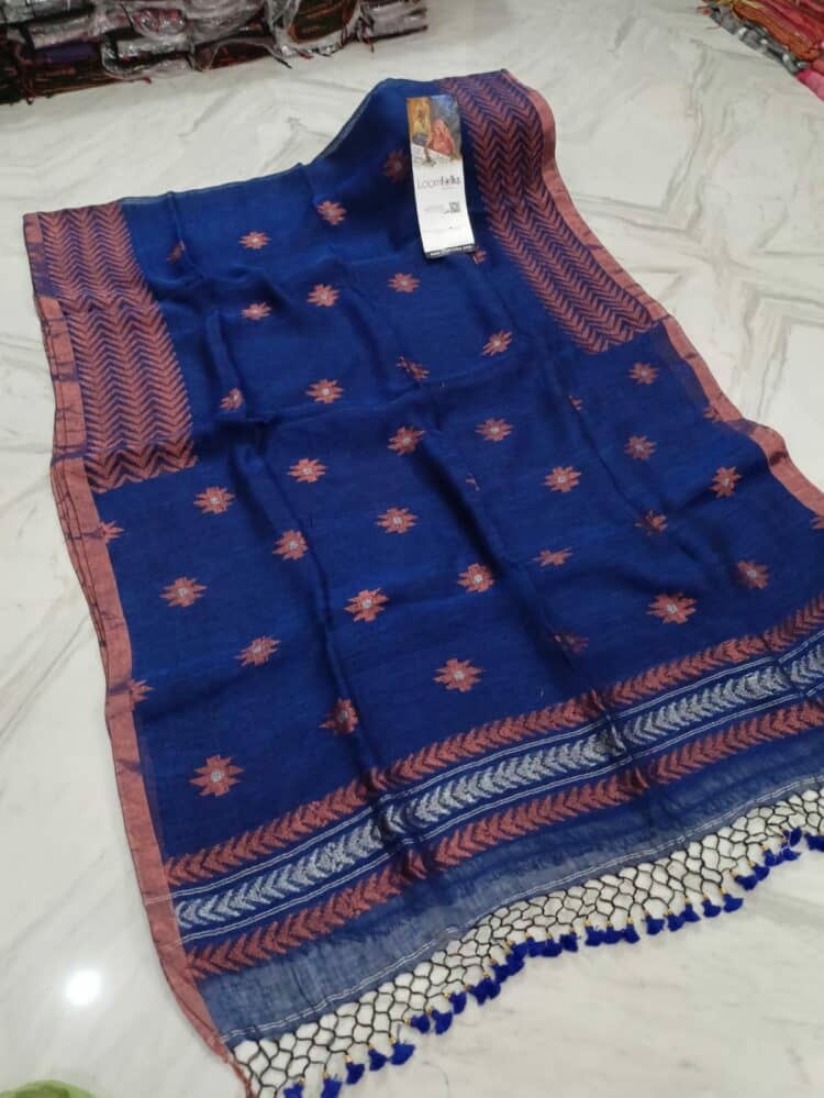 Rich Royal Blue Linen Saree With Thin Copper Border And Lovely Tassels