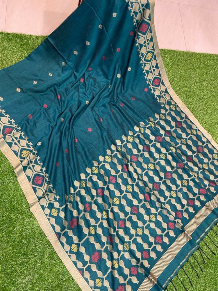 Splendid Peacock Blue Pure Cotton Minakari Jamdani Handwoven Saree