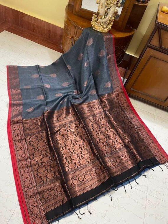 Stunning Grey Banarasi Inspired Handwoven Linen Saree