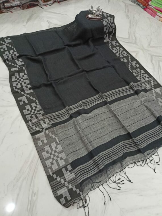 Tender Dark Grey Geometric Border Weave Linen Saree With Contrast Pallu