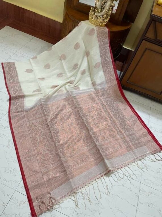 Tender White Banarasi Inspired Handwoven Linen Saree