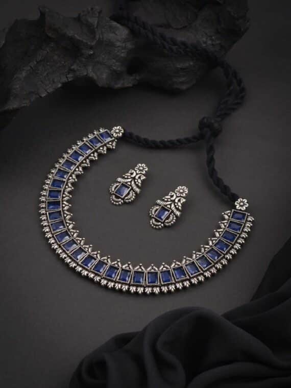 Blue Stone Embeded Necklace With Earrings For All Occassions