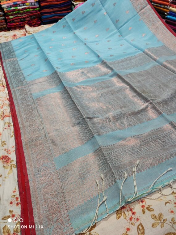 Cool Light Blue Banarsai Pattern Linen Saree For Festive Occassion2