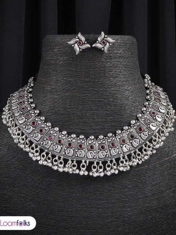 Dark Red Beads Embeded Tribal Ghungroo Necklace