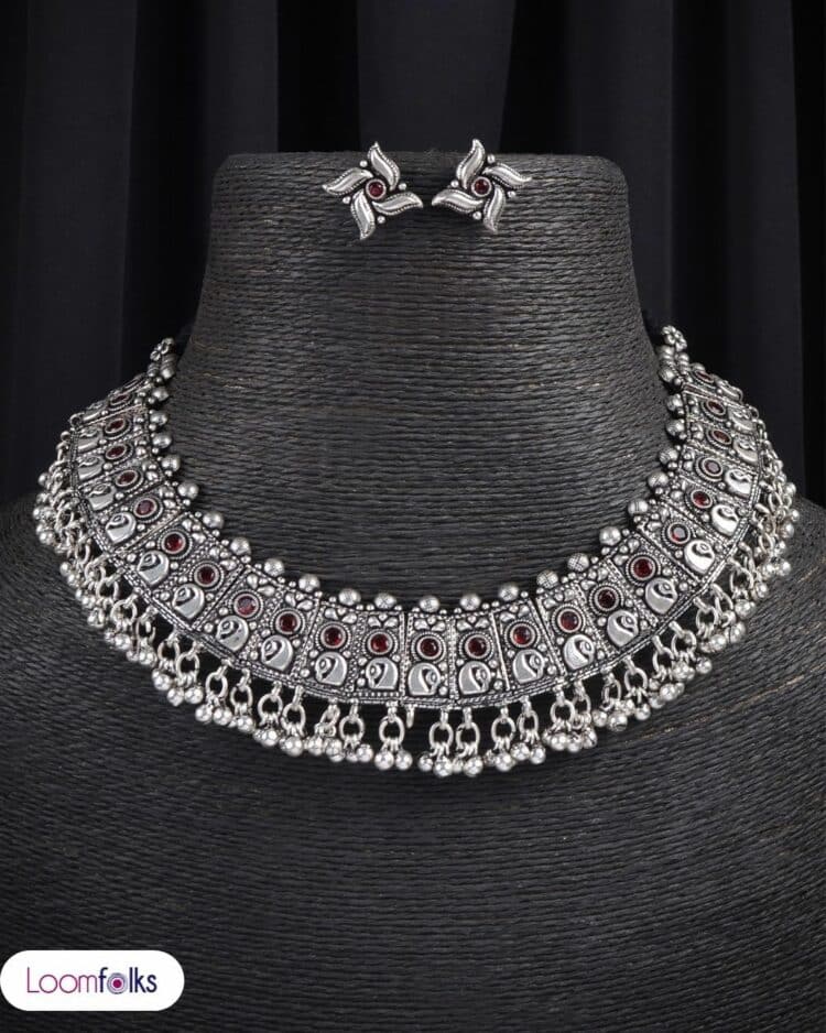 Dark Red Beads Embeded Tribal Ghungroo Necklace