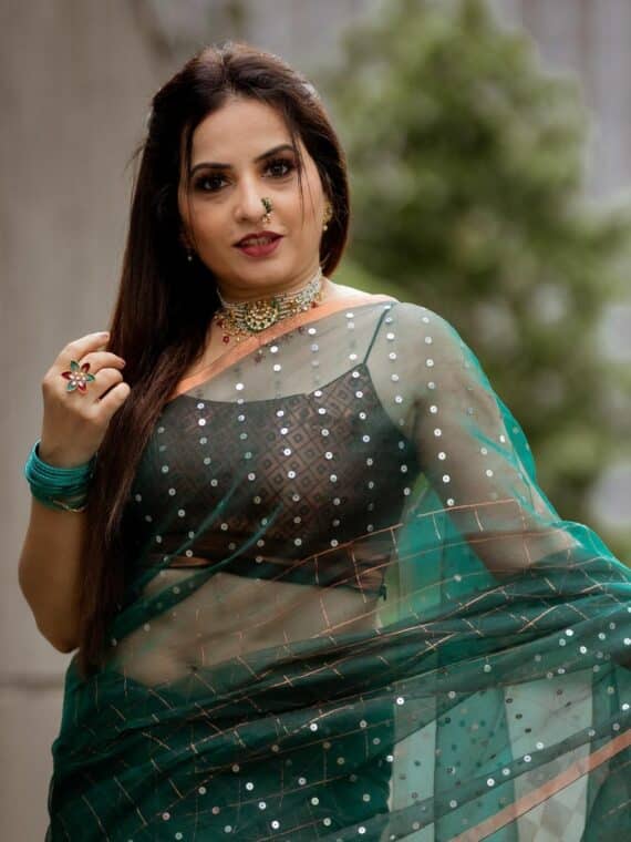 Elegant Peacock Blue Resham Muslin Silk Handwoven Sequins Embeded Saree1