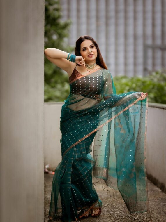 Elegant Peacock Blue Resham Muslin Silk Handwoven Sequins Embeded Saree4