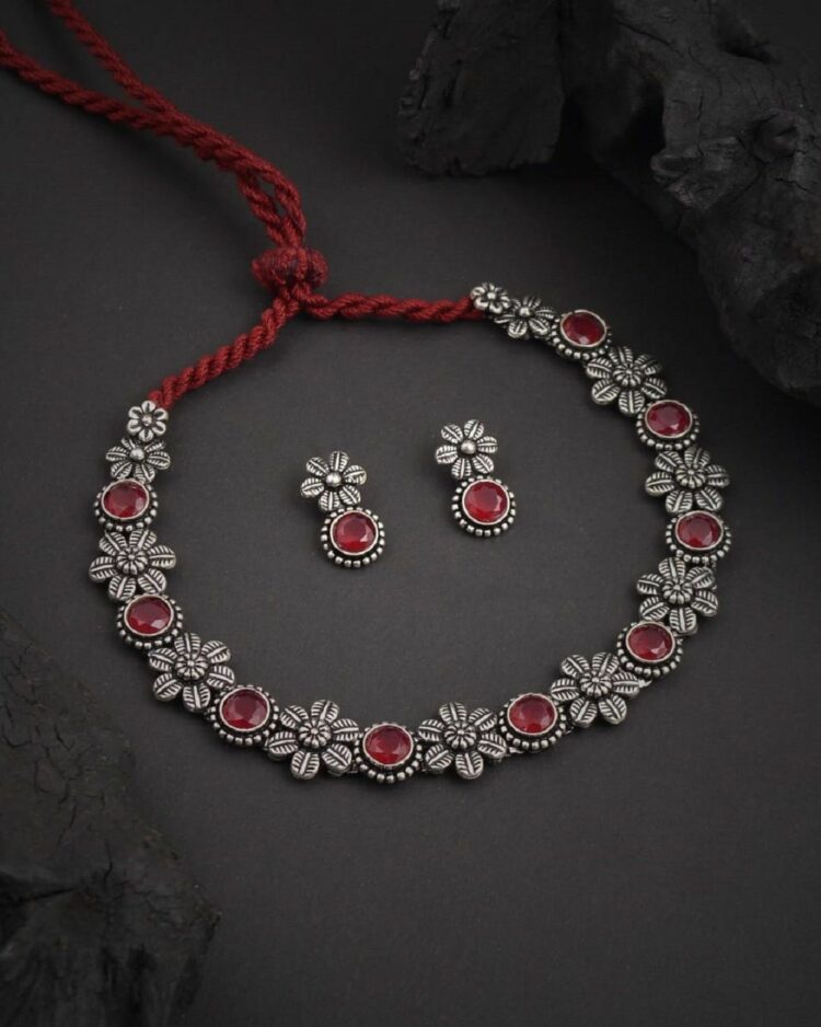 Floral Red Stone Embeded Necklace With Earrings For All Occassions