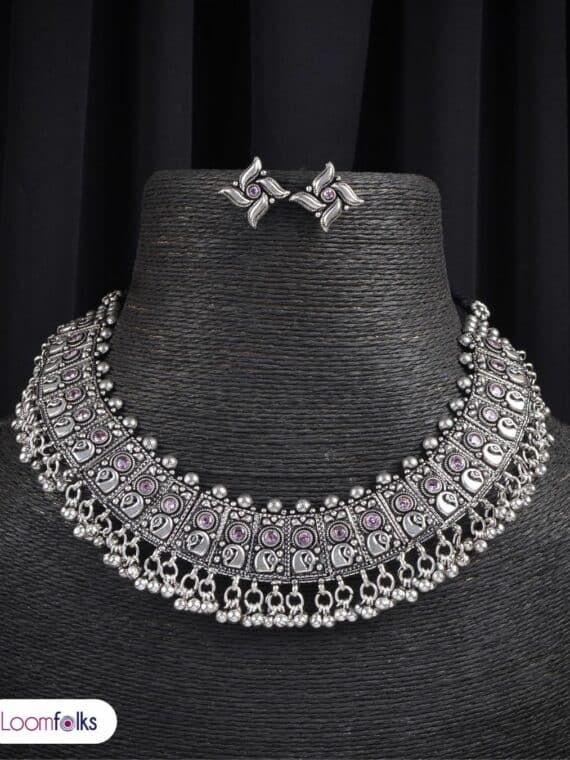 Light Lavendar Beads Embeded Tribal Ghungroo Necklace